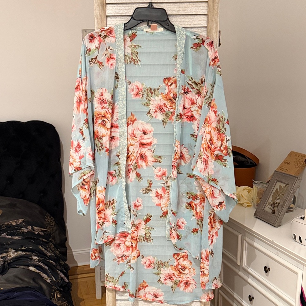 Light Blue Floral Kimono Cover-Up